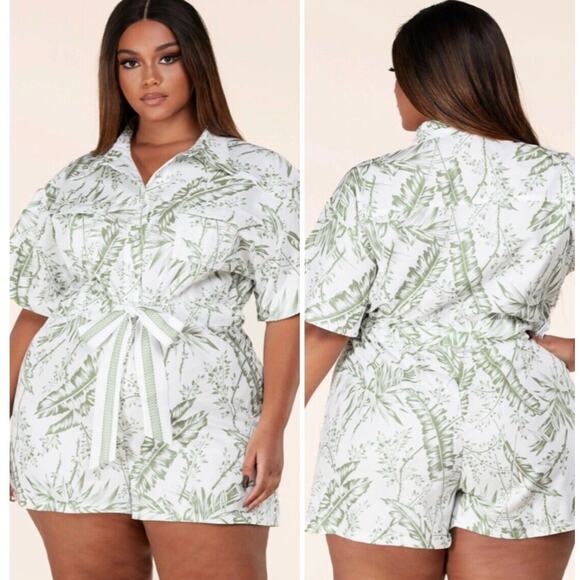 L'atiste By Amy Size 4X Romper Belted Palm Tropical Jungle Safari Botanical - Picture 1 of 5